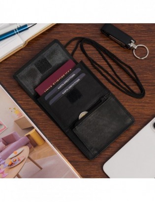 ETUI saszetka PASZPORTÓWKA na szyję dokumenty skórzana podróżna czarna Beltimore D78 - zdjęcie 2