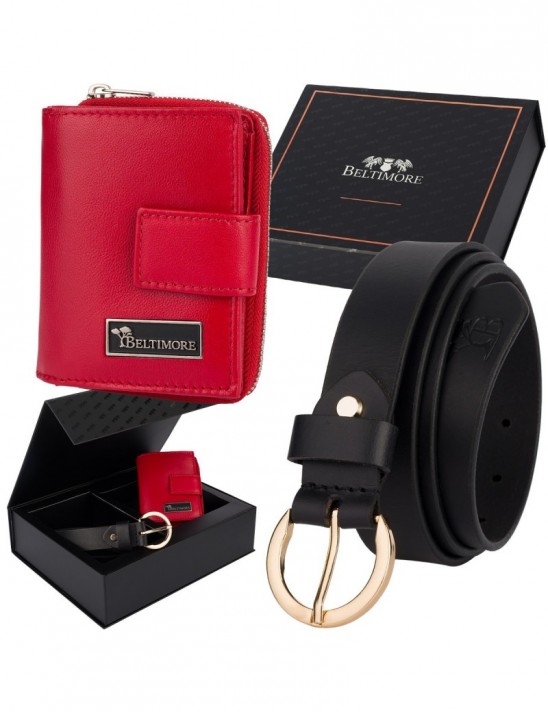 Zestaw prezentowy damski skórzany pasek portfel pudełko premium czerwony Beltimore Z13