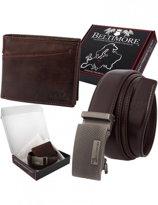 Zestaw prezentowy męski skórzany pasek portfel pudełko premium Beltimore Z53
