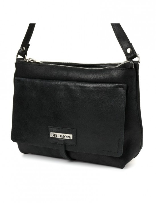 Beltimore Torebka Skórzana 2komorowa Klapa Pasek czarna N14
