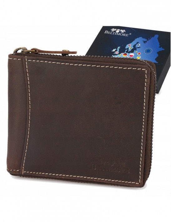 Portfel skórzany duży poziomy RFiD nubuk brązowy zasuwany skóra Beltimore