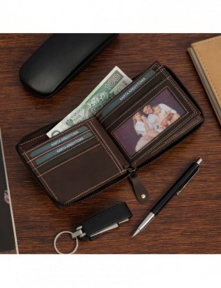 Portfel skórzany duży poziomy RFiD nubuk brązowy zasuwany skóra Beltimore - zdjęcie 5