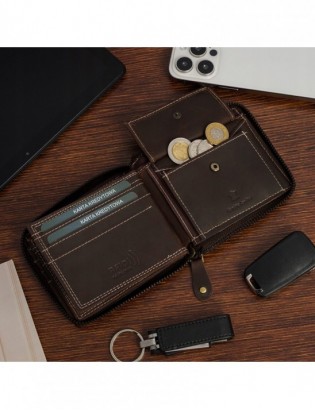 Portfel skórzany duży poziomy RFiD nubuk brązowy zasuwany skóra Beltimore - zdjęcie 6