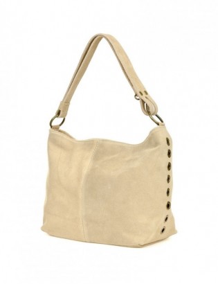 Beżowa torebka damska skórzana zamszowa worek pojemna W05 - zdjęcie 1