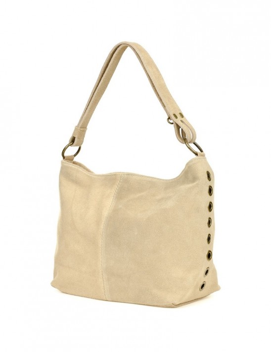 Beżowa torebka damska skórzana zamszowa worek pojemna W05