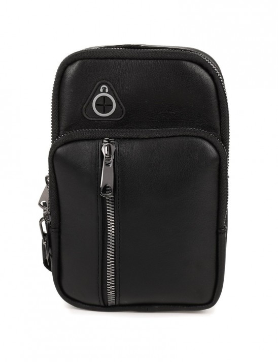 Czarna skórzana saszetka męska torba crossbody mała przez ramię trzy komory G41