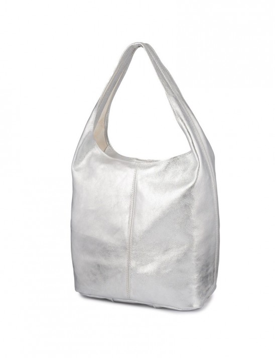 Torebka skórzana damska shopper pojemna A4 skóra naturalna włoska Beltimore srebrna U36