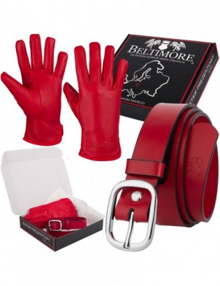 Zestaw prezent damski skórzany pasek rękawiczki pudełko premium czerwony Beltimore Z40 - zdjęcie 1