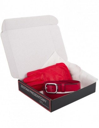 Zestaw prezent damski skórzany pasek rękawiczki pudełko premium czerwony Beltimore Z40 - zdjęcie 2