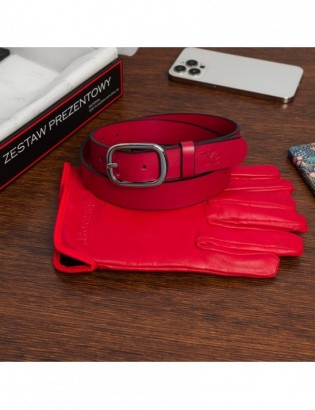 Zestaw prezent damski skórzany pasek rękawiczki pudełko premium czerwony Beltimore Z40 - zdjęcie 3